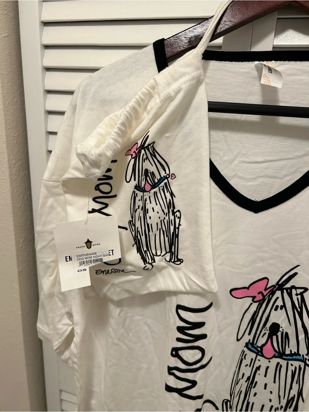 Emerson Street White Dog Mom V-Neck Sleep Chemise with Black Trim NWT OS